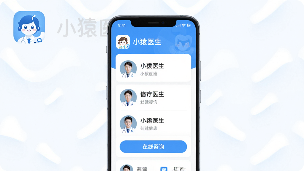 ���廭�����ֻ���ĻΪ���ģ���Ļ��չʾСԳҽ��Ӧ����ҳ���棬����ҽ��ͷ���б���������ѯ��ť�͹Һ���ڡ�����Ϊһ��������׿�ֻ������־��У��Ϸ����׷���Ӧ��ͼ������ơ�СԳҽ�������Ű�ɾ������Ϊ�ִ�ҽ�ƽ�����APPչʾͼ��ϸ�ڰ�����͵�������ɫ��Բ�ǿ�Ƭ�����ͼ�ꡣ���ʸ��壬�ɾ����޶���Ԫ�ء�