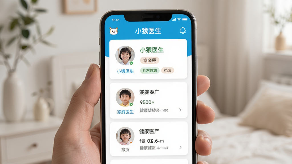 �ֻ���Ļ��ʾСԳҽ��APP�ļ�ͥ��������ҳ�棬���������ͥ��Աͷ��Ƭ�뽡����Ϣ��Ŀ������Ϊ�ֻ��������棬���־��С��Ű�Ϊ��Ƭʽ�б������Ϊ��ܰ��ͥҽ�Ʒ��ϸ�ڰ�����СԳҽ����Ӧ��������Աͷ�񡢵�����ǩ�����ʸ��壬�ɾ����޶���Ԫ�ء�
