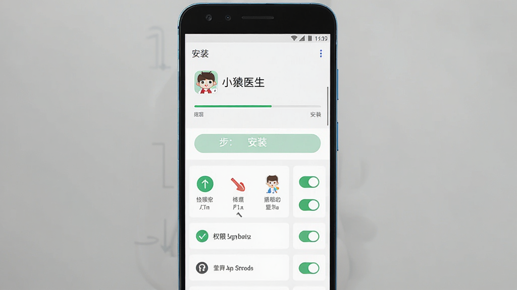 ����չʾСԳҽ��APP�ڰ�׿�ֻ��ϵİ�װ������Ȩ������ҳ�棬�ֻ���Ļ�ڳ��ְ�װ��������Ȩ�޿����б�������Ϊ�ֻ�������д�����־��С��Ű�Ϊ�ֲ�չʾ�����Ϊ�Ƽ���������棬ϸ�ڰ�����СԳҽ�������ơ���װ��ť��Ȩ��ͼ�ꡣ���ʸ��壬�ɾ����޶���Ԫ�ء�