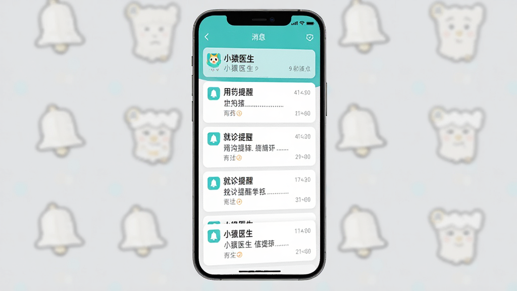 ����չʾСԳҽ��APP����Ϣ���ѽ��棬�ֻ���Ļ�ڳ��ֶ�������֪ͨ��Ƭ��������ҩ���Ѻ;������ѡ�����Ϊ�ֻ�������д�����־��У��Ű�Ϊ�����б������Ϊ�ִ�֪ͨ���ķ��ϸ�ڰ�����СԳҽ�������ơ�����ͼ�ꡢʱ���ǩ�����ʸ��壬�ɾ����޶���Ԫ�ء�