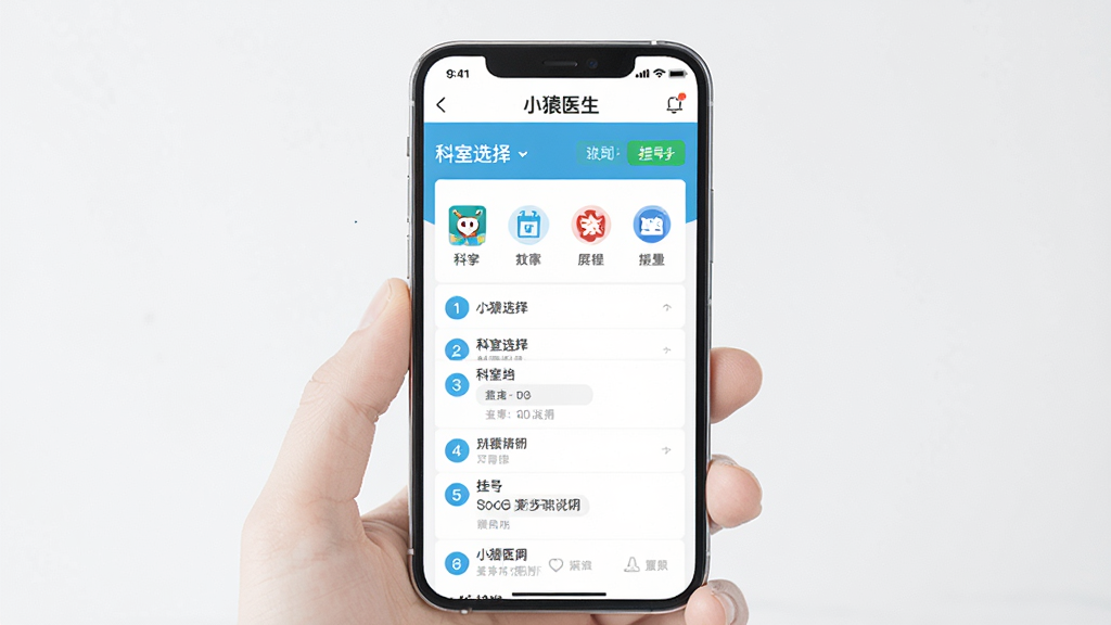 ����չʾСԳҽ��APP�ĹҺ�ָ��ҳ�棬�ֻ���Ļ�ڳ��ֿ���ѡ���б��͹ҺŲ���˵��������Ϊ�ֻ�������д�����־��У��Ű�Ϊ���½ṹ�����Ϊ���ҽ�ƹ�����APP���棬ϸ�ڰ�����СԳҽ�������ơ�����ͼ�ꡢ�����š����ʸ��壬�ɾ����޶���Ԫ�ء�