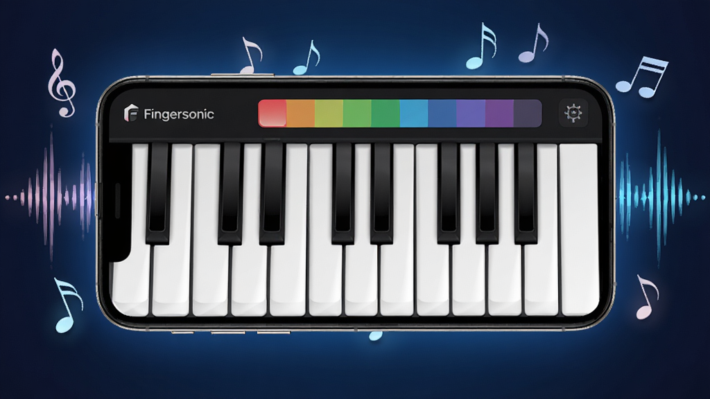 һ��չʾ Fingersonic ���ּ���Ӧ�ý���Ĳ�ƷԤ��ͼ������������һ��������õ������ֻ�����Ļ����ʾ�źڰ����ĸ��ټ������ɫ��ɫѡ��ť���ֻ���Χ������Ʈ�������ַ������������������ֲ��þ��й�ͼ������Ϊ����ɫ���䣬���ƫ���ִ��Ƽ��������������ںϣ�ϸ����ͻ����Ļ�ڼ��̵�����к���Χ��Ч�������������ɾ����޶���Ԫ��
