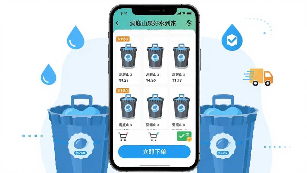 ����������һ�������ֻ�����Ļ��չʾ��ͥɽȪ��ˮ����APP����Ʒ�б�ҳ�棬ͰװˮͼƬ�������룬�·�����Ŀ�������µ���ť���ֻ���Χ����ˮͰ��ˮ�κ�����ͼ�꣬����Ϊ���й�ͼ�����Ϊ��ƽ���Ƽ��廭��ϸ�ڰ����۸��ǩ�����ﳵͼ�ꡢ֧���ɹ���ʶ�����ʸ��壬�ɾ����࣬�޶���Ԫ�ء�