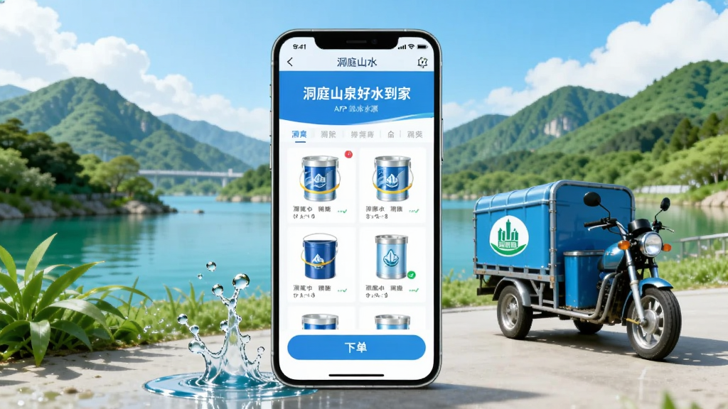 �����������һ�������ֻ����ֻ���Ļ��ʾ��ͥɽȪ��ˮ����APP�Ķ�ˮ��ҳ���棬��������Ͱװˮ��Ʒ�б����µ���ť���ֻ����Ƕ�ͥɽȪˮԴ����ɽ��ˮ����Ȼ��⣬�����Ҳ���һ����ˮ���ֳ������岼�ֲ������ҷ�����ͼ�����Ϊ����дʵ����ҵ�廭��ϸ�ڰ���ˮͰ��ˮ������ɫֲ����������ƣ����������������ɾ����࣬�޶���Ԫ�ء�