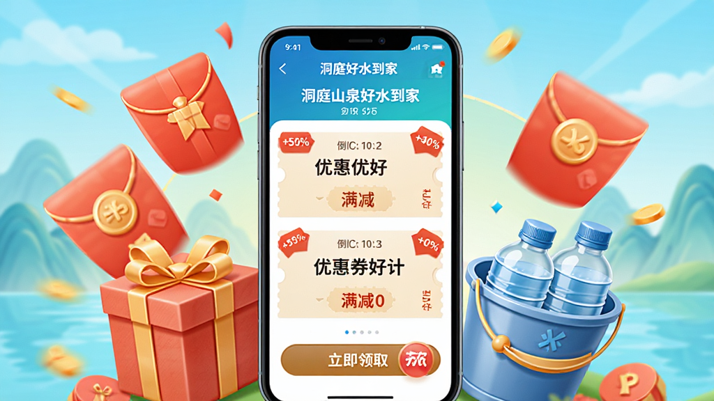 ����������һ���ֻ�����Ļչʾ��ͥɽȪ��ˮ����APP���Ż�ȯ��ȡҳ�棬ҳ�����ж����Ż�ȯ��������ǩ���ֻ���Χ�к������С�ˮͰ��Ԫ�أ�����Ϊ����ʽ��ͼ�����Ϊϲ�����ֵ���ҵ�廭��ϸ�ڰ����ۿ۱�ǩ������ʱ��������ȡ��ť�����������������ɾ����࣬�޶���Ԫ�ء�