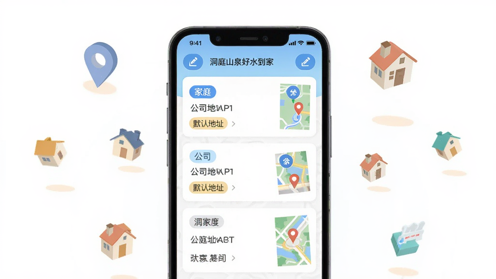 ���������Ƕ�ͥɽȪ��ˮ����APP�ĵ�ַ�������棬�ֻ���Ļ����ʾ�����ַ��Ƭ����Ƭ���м�ͥ����˾�ȱ�ǩ���ֻ���Χɢ�䶨λͼ��ͷ���ͼ�꣬����Ϊɢ��ʽ��ͼ�����Ϊ���±�ƽ�廭��ϸ�ڰ����༭��ť��Ĭ�ϵ�ַ��ʶ����ͼ����ͼ�����ʸ��壬�ɾ����࣬�޶���Ԫ�ء�