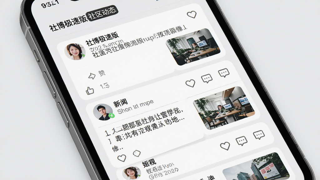 �ֻ���Ļչʾ���粩���ٰ桱������̬ҳ�棬����ͼ�Ŀ�Ƭ�������У���Ƭ�����û�ͷ���ǳơ��������ݺ�����ͼ������Ϊǳ��ɫ������Ϊ��̬�б����������������Ϊ�ִ��罻Ӧ��UI��ϸ�ڰ������޺�����ͼ�꣬���ʸ��壬�ɾ��޶���Ԫ��