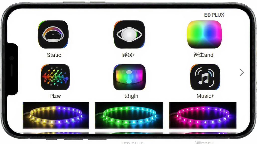 һ�� LED PLUS �����Ĺ���չʾͼ�������������ֻ���Ļ����Ļ����ʾ���ֵƹ�ģʽͼ�꣬������̬�����������䡢Ƶ���������ɶ���ͼ���·��ж�Ӧ�Ĳ�ɫ LED �ƴ�Ч��Ԥ��������Ϊ���½ṹ������ִ���ƽ��ϸ�ڰ�������ƴ���