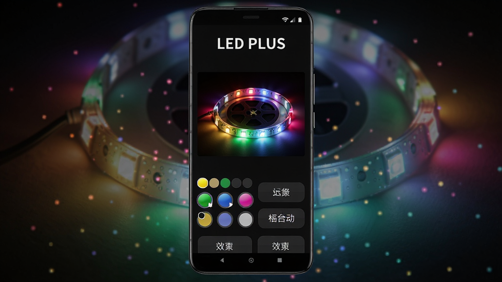 һ�Ű�׿�ֻ���Ļչʾ LED PLUS ���������棬��������ɫ����Ϊ���������в�ɫ LED �ƴ����Ƶ�Ԥ��ͼ���·�������ɫѡ������Ч��ģʽ��ť���ֻ���Χɢ���ɫ��㣬���־��У����Ƽ������ಢ�أ�ϸ�ڰ���