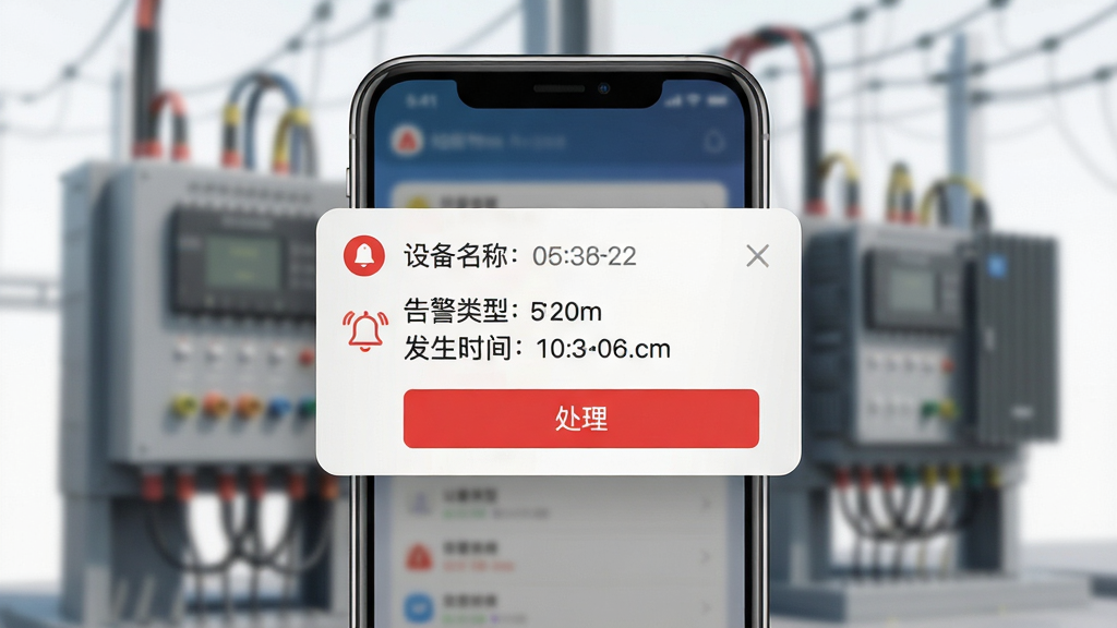 �����������ܸ澯���͹���չʾ����������Ϊ�ֻ���Ļ�����澯֪ͨ��Ƭ����Ƭ����ʾ�豸���ơ��澯���͡�����ʱ���봦����ť������Ϊģ���ĵ����豸����������Ϊ����ͻ��֪ͨ��Ƭ�����Ϊ�ִ���Լ�磬ϸ�ڰ�����ɫ�澯��ʶ������ͼ�ꡢʱ��������ʸ��壬�ɾ����޶���Ԫ��