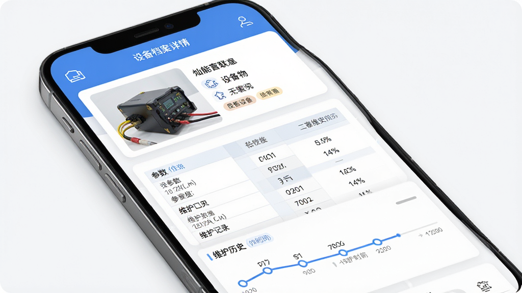 ���������豸�����������ܽ��棬��������Ϊ�ֻ���Ļչʾ�豸��������ҳ�������豸��Ƭ�������б���ά����ʷʱ���ᣬ����Ϊ���¹���ʽ���Ϸ�Ϊ�豸������Ϣ�����в�Ϊ���������·�Ϊά����¼�����Ϊ��������磬ϸ�ڰ����豸ͼ�ꡢ��ǩ���ࡢʱ���߽ڵ㣬���ʸ��壬�ɾ����޶���Ԫ��