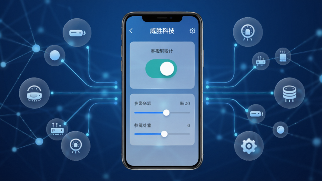 ����չʾ����ʤ�Ƽ���Ӧ���е�Զ�̿��ƽ��棬�ֻ���Ļ��ʾ���ذ�ť��������ڻ��飬����Ϊ���󻯵��������ӽڵ����豸ͼ�꣬����Ϊ�����ֻ��ӻ���ʽ����ͼ�꣬���Ϊ��Լ�Ƽ�������ϸ�ڰ�����͸������뷢�������ߣ����ʸ��壬�ɾ����޶���Ԫ��