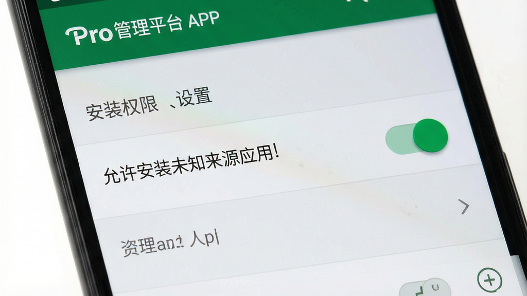 һ���ֻ���Ļչʾ�̼�Pro����ƽ̨APP�İ�װȨ�����ý��棬�������С�������װδ֪��ԴӦ�á��Ŀ��ذ�ť������Ϊ�����б���ʽ�����Ϊ������˵İ�׿ϵͳ�磬ϸ������ɫ���غͻ�ɫ���������ʸ��壬�ɾ����޶���Ԫ��