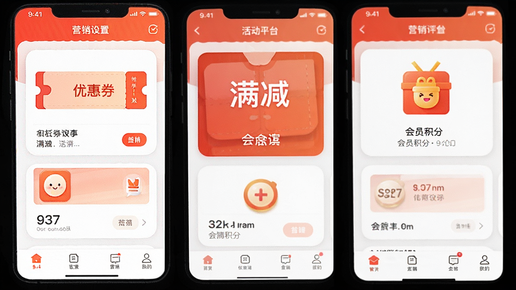 һ���̼�Pro����ƽ̨APP��Ӫ������ý����ͼ������չʾ�Ż�ȯ����������Ա���ֵ�Ӫ������ͼ�꣬����Ϊ��Ƭʽ���У����Ϊ��������ĵ��̷磬ϸ���гȺ�ɫ��׺�Ͱ�ɫ���������ʸ��壬�ɾ����޶���Ԫ��