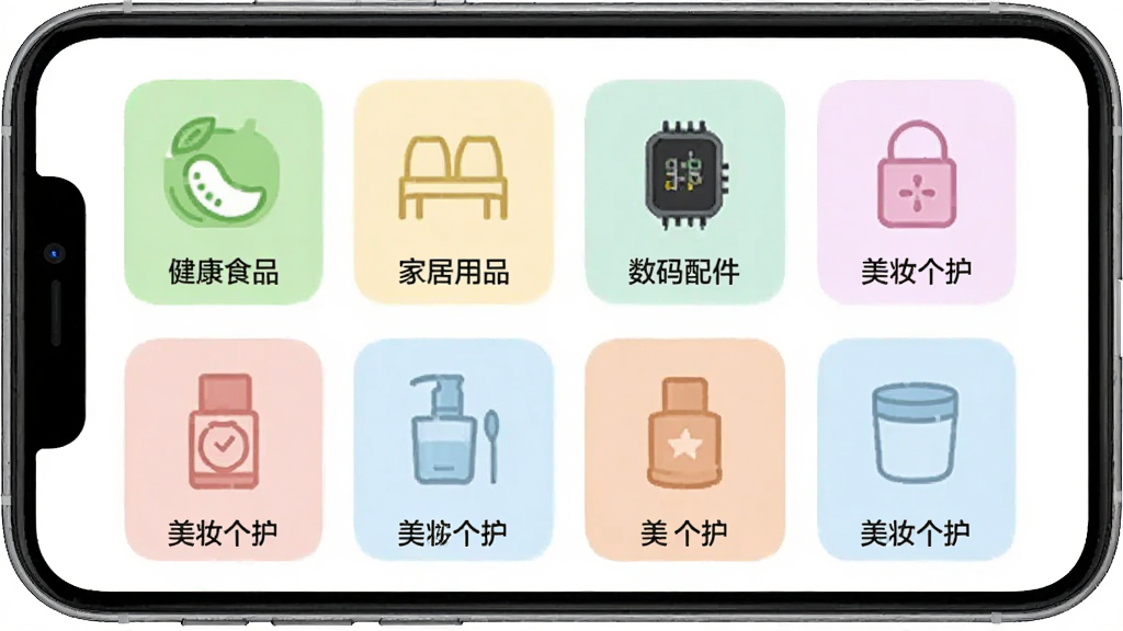 �׺�����APP��Ʒ����ҳ�棬�ֻ���Ļ��չʾ�����Ʒ����ͼ�꣬��������ʳƷ���Ҿ���Ʒ�������������ױ�����ȣ�ÿ���������м��ͼ�������˵�����������룬������£������������ɾ����޶���Ԫ��