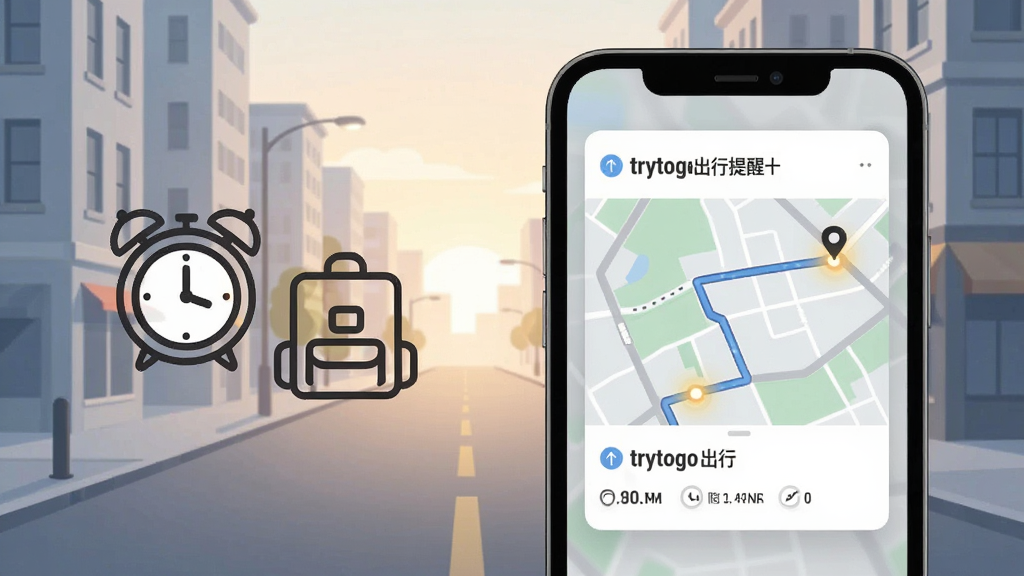 �ֻ���Ļ��ʾtrytogo�������ѿ�Ƭ����Ƭ���е�ͼ·����ʱ�佨�飬����Ϊ�����峿�־��������ֻ�λ�ڻ����Ҳ࣬���Ϊ�����뱳�����ͼ�꣬�������Һ�Ӧ�����Ϊ�ִ���Լ�廭��ϸ��ͻ��ʱ��������·�߹�㣬�����������ɾ����޶���Ԫ��