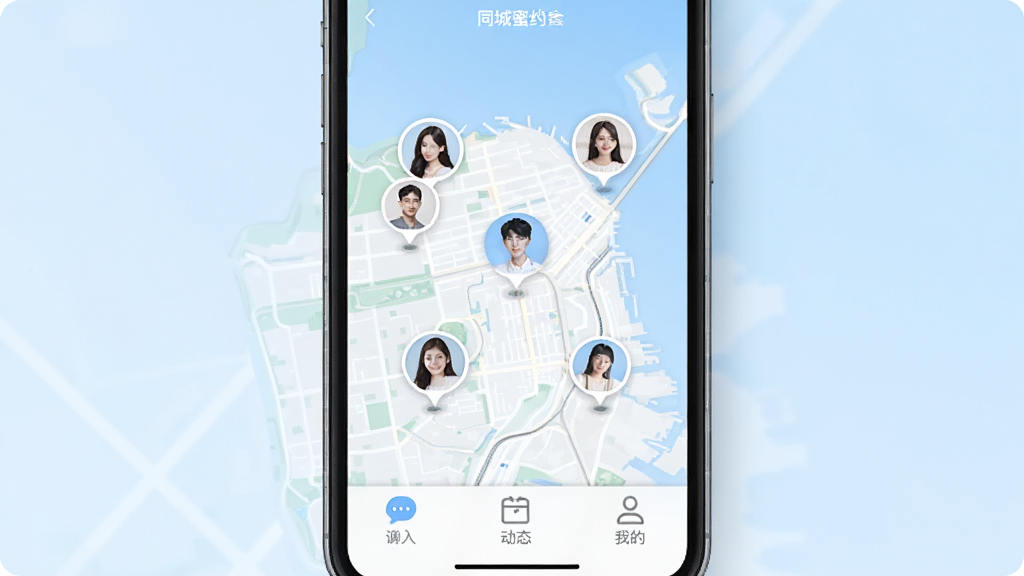 һ���ֻ���Ļչʾͬ���罻Ӧ�ý��棬���������Ǹ�����Լ��App����ҳ����ͼ�Ϸֲ��Ŷ���û�ͷ�����ݣ��ײ������졢��̬���ҵĵȵ�����ť����������͵�ǳ��ɫ���䣬���������¼�࣬�����������ɾ��޶���Ԫ��