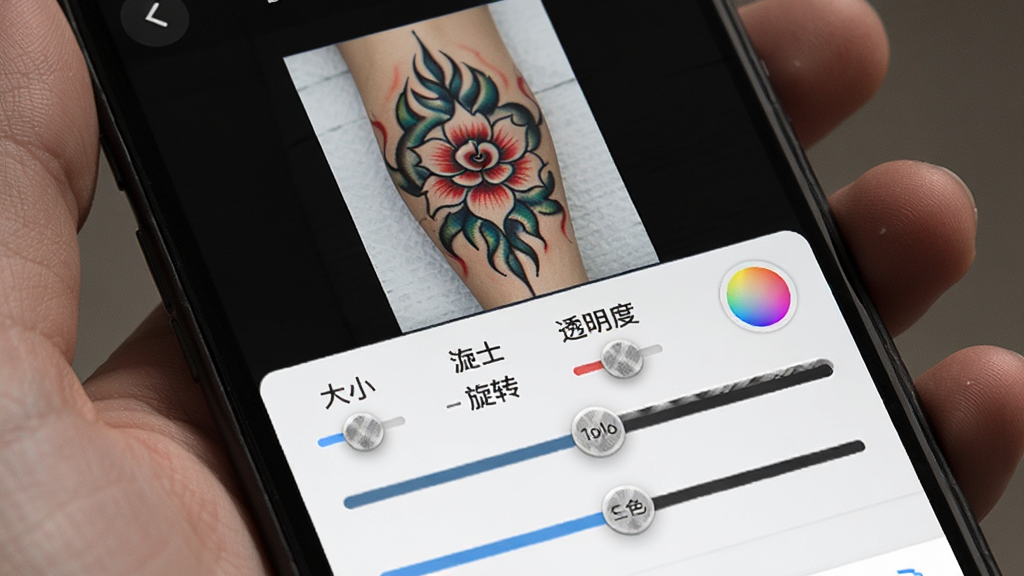 �ֻ���Ļ��дչʾTattoo Go����������������壬��Ļ������һ������ͼ��Ԥ�����·��д�С����ת��͸���ȡ���ɫ�Ȼ���ؼ�������Ϊ���½ṹ�����Ϊ�ִ�������APP���棬ϸ�ڰ��������ʸ���ʵʱԤ��Ч�������ʸ��壬�ɾ����޶���Ԫ��