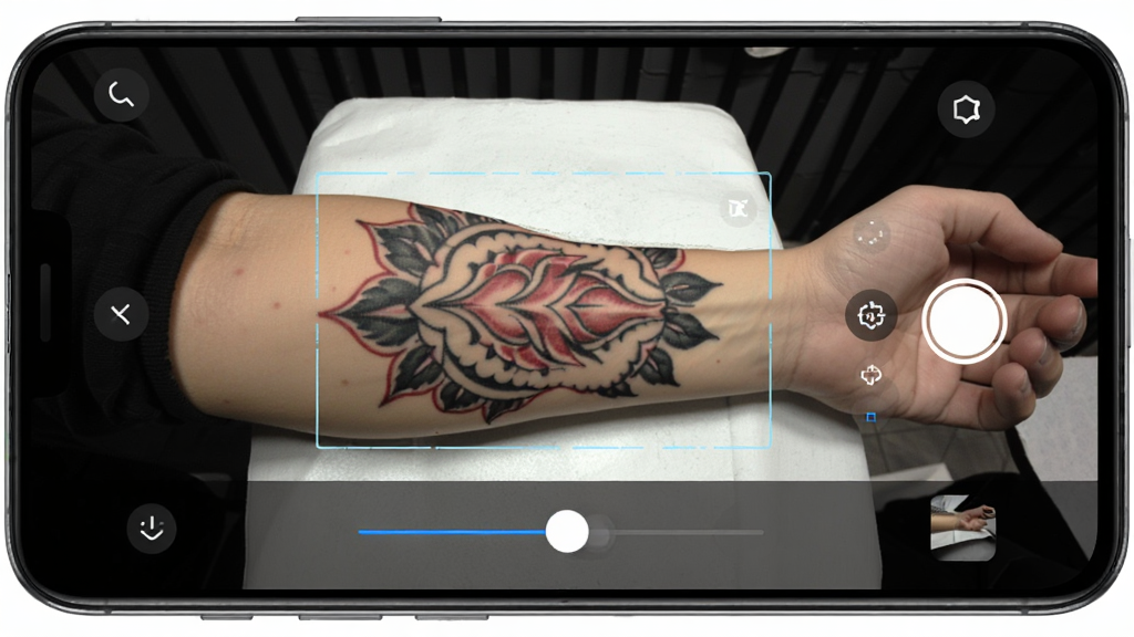 һ����׿�ֻ�չʾTattoo Go��AR�Դ����ܲ������棬��Ļ������ͷ�������ֱ��ϵ���������ͼ������Ļ�·��е��ڻ��飬����Ϊȫ�������ͼ�ӵײ������������Ϊ�Ƽ���UI��ϸ�ڰ���AR���Ͼ�����ʵʱ��ȾЧ�������ʸ��壬�ɾ����޶���Ԫ��