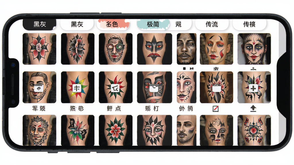 һ����׿�ֻ�չʾTattoo Go�����زĿ�ҳ�棬��Ļ���д�������ͼ����������ʽ���У������ǩ��Ŀ�������ڻҡ���ɫ�����򡢴�ͳ�ȣ��������룬���Ϊ��ƽ��UI��ƣ�ϸ�ڰ�������ͼ�����Ⱥͷ���ͼ�꣬���ʸ��壬�ɾ����޶���Ԫ��