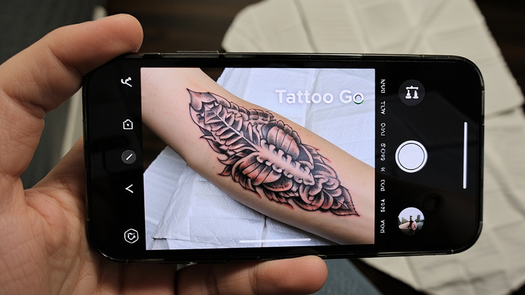 һλ�û������ֻ�����ͷ��׼�Լ����ֱۣ��ֻ���Ļ����ʾTattoo Go��AR�Դ����棬�ֱ��ϵ�����һ����ϸ������ͼ�������沼�����ֻ���ĻΪ���ģ����Ϊдʵ�������ϸ�ڰ���Ƥ������������īˮ��͸�����ֻ�UIԪ�أ����ʸ��壬�ɾ����޶���Ԫ��
