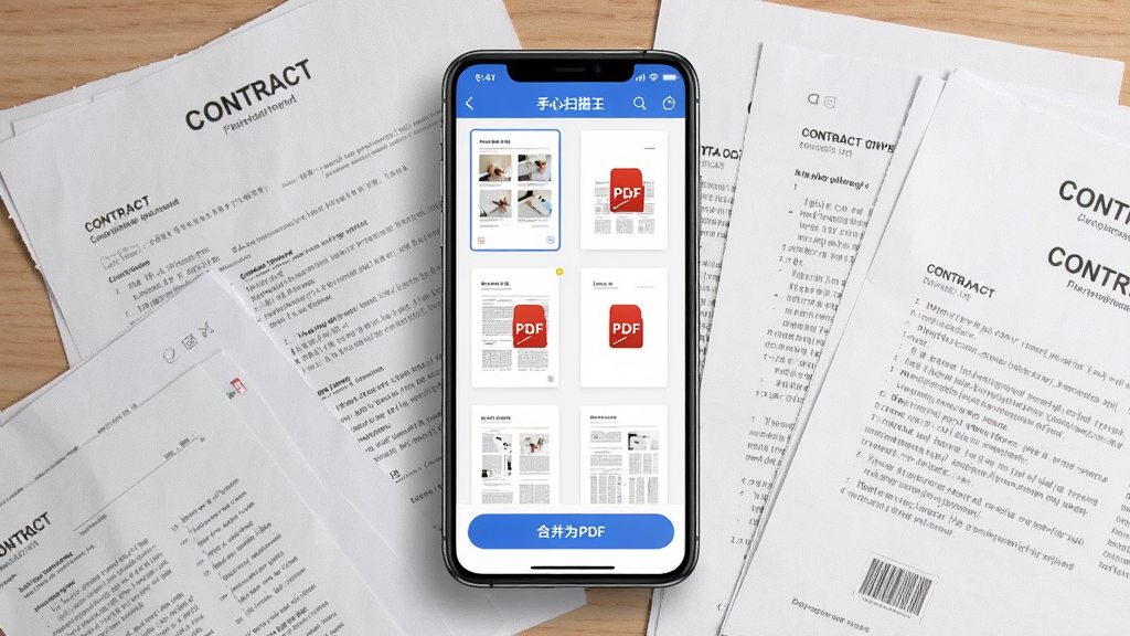 һ��չʾ����ɨ������ҳ�ϲ���PDF�������ܵĳ���ͼ������������һ���ֻ����ֻ���Ļ����ʾ����ɨ����APP�Ķ�ҳ�ĵ��������棬�������ж���ĵ�����ͼ��˳�����У��ײ��кϲ�ΪPDF�İ�ť���ֻ��Ա�ɢ���ż���ֽ�ʺ�ͬ������Ϊ�ֻ����С���ͬ���ƣ����Ϊдʵ�칫�磬ϸ�ڰ����ֻ���Ļ�ϵ�����ͼ��PDFͼ�ꡢ��ֽͬ�������������������ɾ����޶���Ԫ��