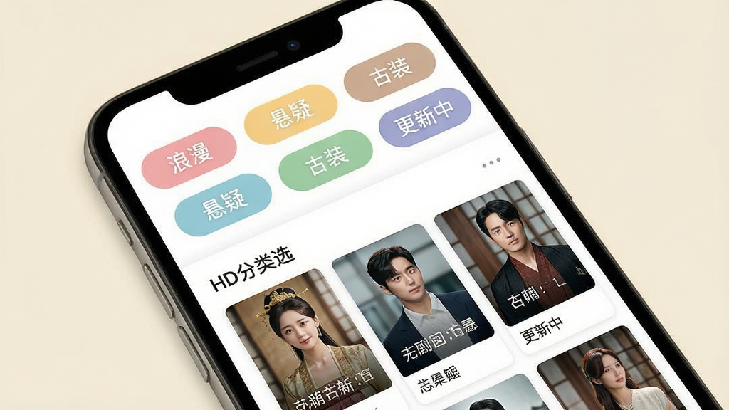 一张展示韩剧HD分类筛选页面的图片,主体是手机屏幕,屏幕上排列着多个彩色标签按钮,如“浪漫”、“悬疑”、“古装”、“更新中”等,下方是筛选后的剧集列表。布局为竖屏手机界面,背景为浅色系。风格为清爽的卡片式设计,细节上标签色彩柔和,剧集缩略图排列整齐,画质清晰,干净,无多余元素。