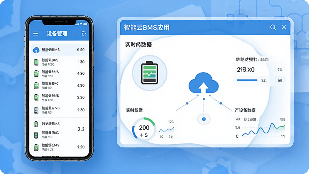 一张智能云BMS应用的多设备管理界面预览图,手机屏幕左侧显示设备列表,右侧展示选中设备的实时数据面板,画面中包含电池组图标和云端连接标识,整体风格简洁现代,蓝白配色,画质清晰干净