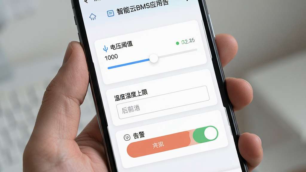 一张展示智能云BMS应用告警设置页面的手机截图风格图片,界面中包含电压阈值滑块、温度上限输入框和告警开关按钮,背景为浅色卡片式布局,整体视觉清爽,画质清晰,无杂乱元素