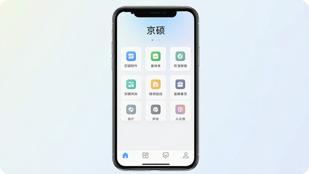 一张展示京硕软件主界面的手机屏幕截图,画面中央是简洁的软件首页布局,顶部显示“京硕”名称,中部为功能图标网格排列,底部为导航栏,整体风格清爽干净,背景为浅色渐变,画质清晰,无多余元素