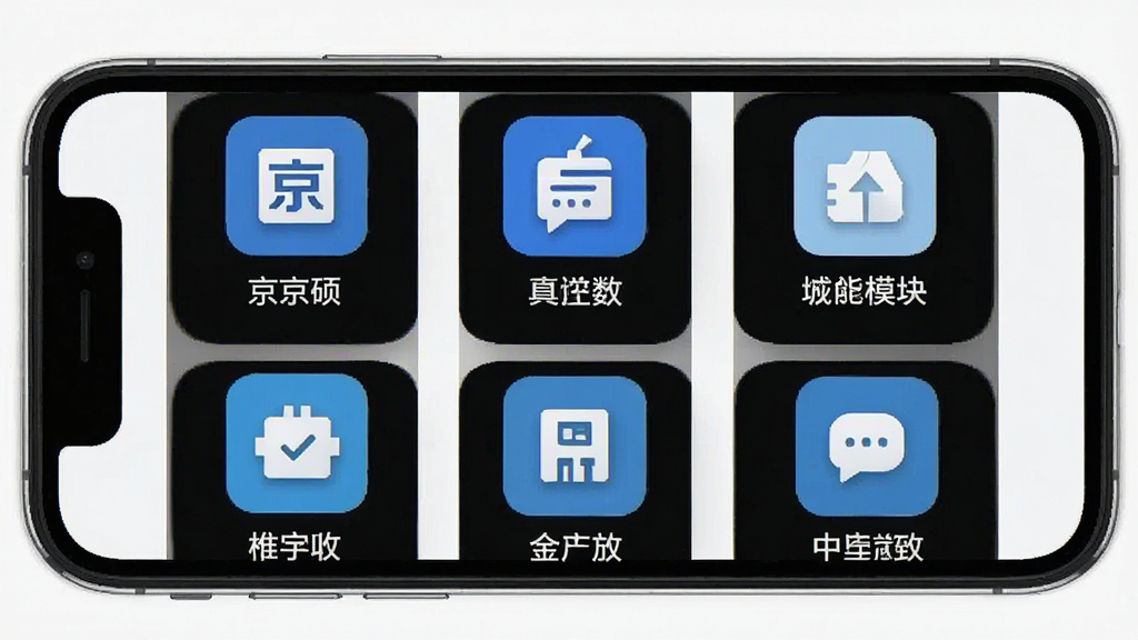 一张展示“京硕”软件功能模块的手机界面图,画面中整齐排列着多个功能图标,每个图标下方有中文标注,整体布局清晰有序,背景为白色,风格简约商务,画质高清,无杂乱元素