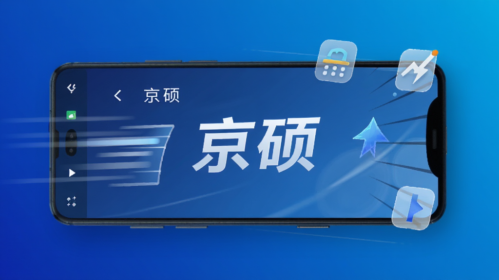 一部安卓手机屏幕中展示“京硕”软件运行流畅的界面,画面中有速度线条与轻量图标元素,背景为科技蓝渐变,风格简洁现代,画质干净清晰,突出轻快流畅的视觉感受