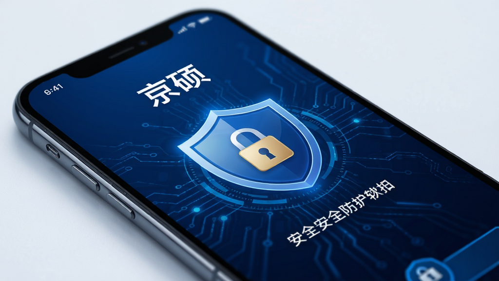 一部手机屏幕显示“京硕”软件的安全防护界面,画面中有盾牌图标与锁形图案,背景为深蓝色科技风格,突出安全可靠的视觉主题,画质清晰细腻,排版简洁,无多余装饰