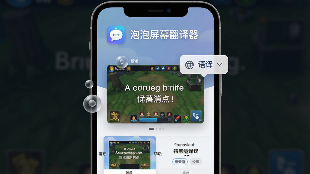 泡泡屏幕翻译器软件主界面展示,主体为一部智能手机屏幕,屏幕中央显示悬浮翻译窗口正在将英文游戏界面实时翻译为中文,布局采用居中构图,上方为软件Logo与名称「泡泡屏幕翻译器」,下方为翻译前后对比效果,排版简洁清晰,风格为现代科技感UI设计,细节包括悬浮球、翻译气泡、语言选择按钮,画质高清,干净,无多余元素