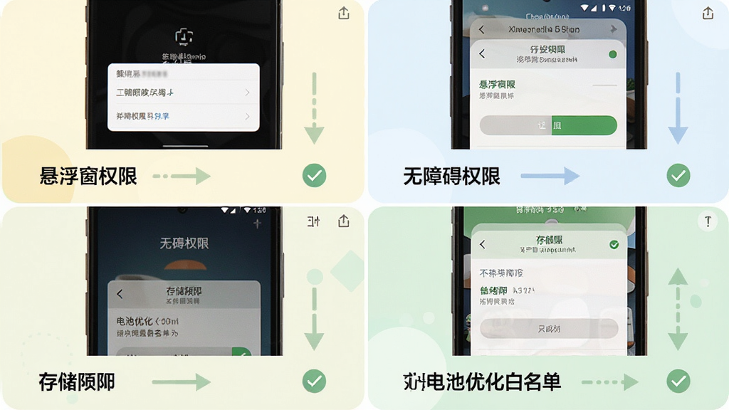 泡泡屏幕翻译器新手设置引导界面,主体为手机屏幕显示权限授予步骤图,布局为四格步骤展示,分别展示悬浮窗权限、无障碍权限、存储权限、电池优化白名单的设置入口截图,排版为2x2网格,风格为清新浅色教程风格,细节包括每格下方的文字说明、箭头指引、勾选状态,画质高清,干净,无多余元素