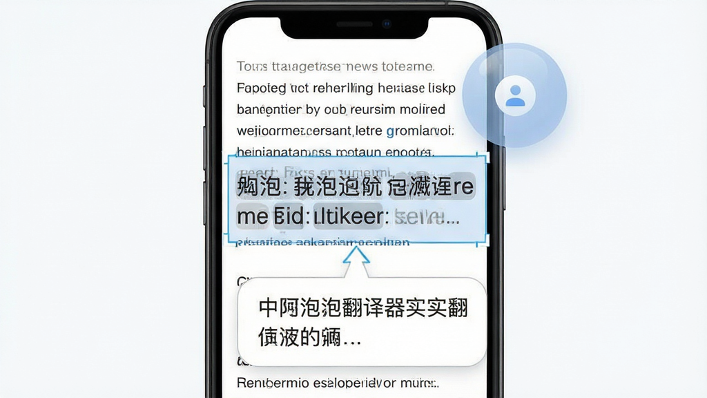 泡泡屏幕翻译器实时翻译功能演示图,主体为手机屏幕显示英文新闻页面,屏幕上有一个半透明悬浮球和一个矩形选框,选框内英文被识别后下方显示中文翻译结果,布局为上下结构,上方为英文原文区域,下方为中文译文气泡,排版清晰,风格为扁平化UI设计,细节包括识别框线条、翻译气泡箭头、悬浮球图标,画质高清,干净,无多余元素