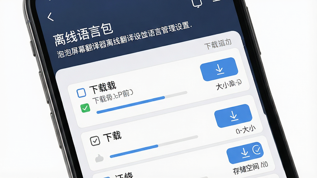 泡泡屏幕翻译器离线翻译设置页面,主体为手机屏幕显示语言包管理界面,布局为上下结构,上方为「离线语言包」标题与说明文字,下方为可下载语言包列表,每个语言包右侧有下载按钮和大小标注,排版清晰,风格为简约商务UI设计,细节包括已下载状态勾选、进度条、存储空间提示,画质高清,干净,无多余元素