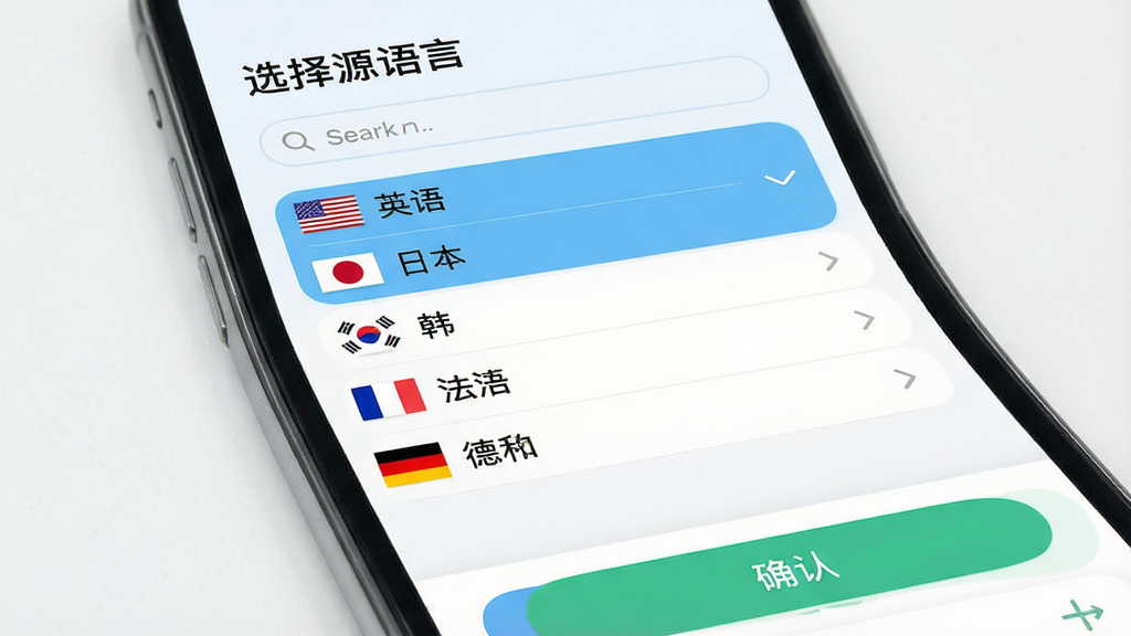 泡泡屏幕翻译器多语言选择界面,主体为手机屏幕显示语言选择列表,布局为垂直列表形式,上方为「选择源语言」标题,下方依次排列英语、日语、韩语、法语、德语等语言选项,每个选项前带有国旗图标,排版整齐,风格为清新浅色UI设计,细节包括选中状态高亮、搜索框、确认按钮,画质高清,干净,无多余元素