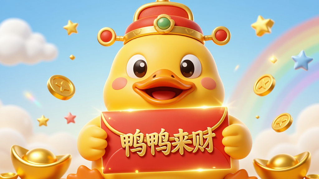 ����������һֻ�޴�Ŀ�ͨ��ɫѼ�ӣ�ͷ����ɫ����ñ��˫������һ������ĺ�ɫ����������ӡ�н�ɫ�ġ�ѼѼ���ơ��ĸ����֡�Ѽ����Χɢ���Ž�ҡ�Ԫ�������ǡ���������͵ĵ���ɫ���䣬����ģ�����ƶ�Ͳʺ硣������Ϊ3D��ͨ��Ⱦ���ʸ�Բ��⻬������������ů��ϸ�ڷḻ�������������ɾ����޶���Ԫ�ء�
