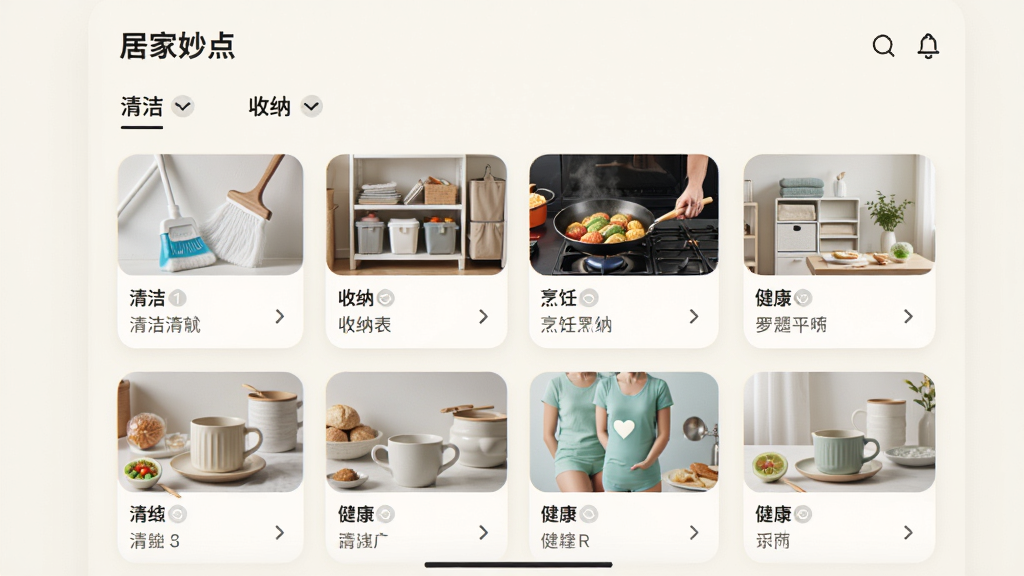 居家妙点应用内的技巧列表页面截图风格,画面中分类标签清晰可见,包括