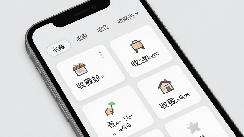 居家妙点应用内的收藏夹界面,画面展示手机屏幕中整齐排列的收藏卡片,每张卡片带有小图标和简短标题,顶部有分类筛选栏,背景为浅灰色,UI风格清新简洁,布局合理,高清画质,干净无多余元素