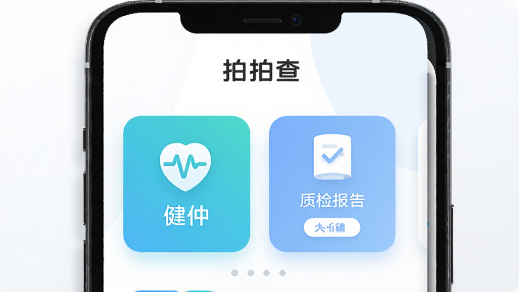 手机屏幕中央显示“拍拍查”App界面,背景为干净的白色渐变,界面包含健康检测图标和质检报告入口,主体布局居中,排版简洁,风格为现代科技感扁平化设计,细节包括圆角卡片和柔和阴影,画质高清,干净无多余元素