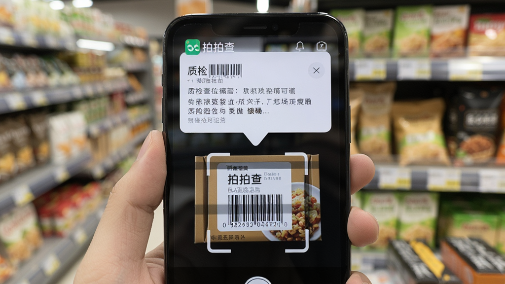 手机屏幕显示“拍拍查”扫码界面,扫描一盒食品包装上的条形码,屏幕上方弹出质检报告摘要卡片,背景为超市货架虚化,布局为手机与商品同框,风格为生活化写实,细节包括清晰的条码和报告文字,画质高清,干净无多余元素