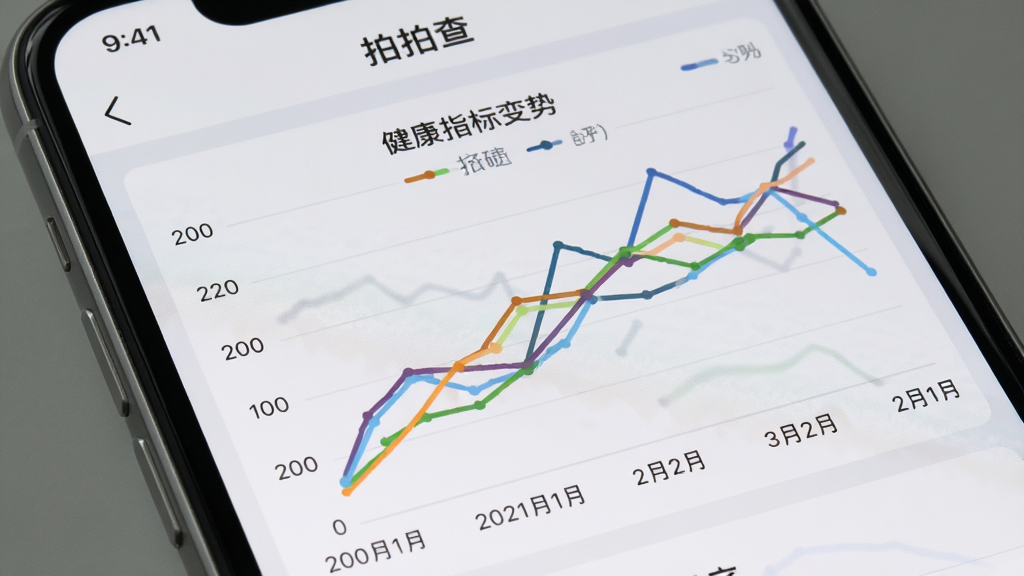 手机屏幕显示“拍拍查”趋势图表页面,折线图展示一周内的健康指标变化,图表下方有日期标签,背景为干净的浅灰色,布局为手机界面特写,风格为数据可视化风格,细节包括清晰的坐标轴和彩色折线,画质高清,干净无多余元素