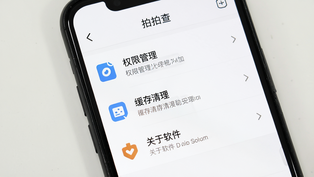 手机屏幕显示“拍拍查”设置页面,包含权限管理、缓存清理、关于软件等选项,背景为白色,布局为列表式排列,风格为简洁实用风格,细节包括清晰的图标和文字说明,画质高清,干净无多余元素