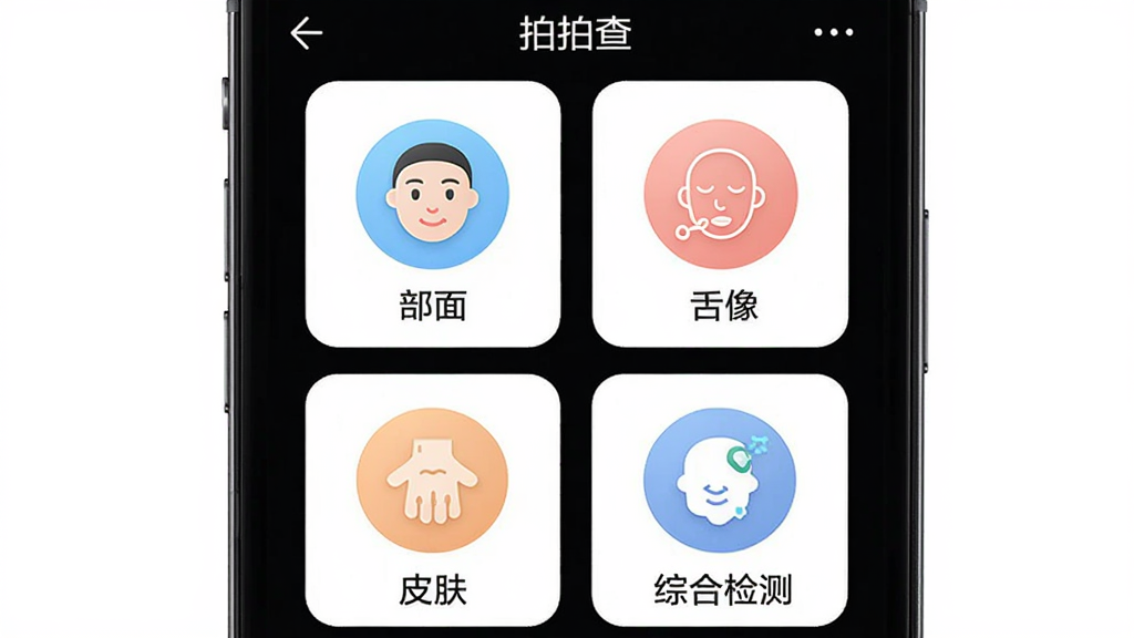 手机屏幕显示“拍拍查”检测模式选择界面,四个圆形图标分别代表面部、舌象、皮肤、综合检测,图标下方有文字标签,背景为白色,布局为2x2网格排列,风格为简约卡片式设计,细节包括柔和的图标配色和清晰的文字,画质高清,干净无多余元素