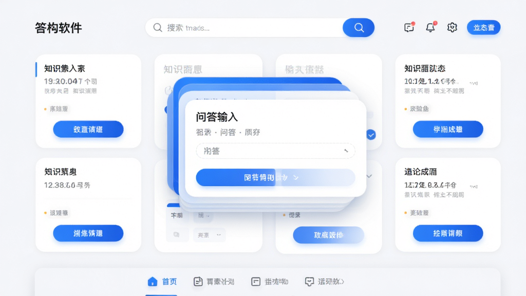 答构软件主界面全貌展示,中央为知识卡片堆叠与问答输入框,主体布局简洁,上方为搜索栏,下方为功能导航,排版采用卡片式网格,风格现代科技感,细节包含蓝色渐变按钮与浅色背景,画质高清,干净,无多余元素。