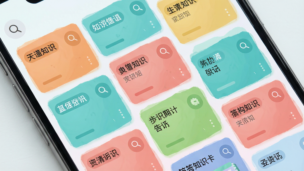答构知识卡片管理界面,主体为多张彩色知识卡片排列在手机屏幕上,布局为瀑布流式,排版错落有致,风格清新浅色,细节包含卡片上的标签文字与搜索图标,画质高清,干净,无多余元素。
