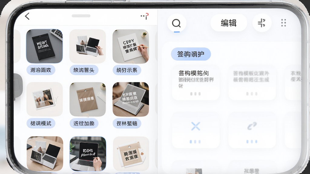 答构模板化答案生成界面,主体为手机屏幕显示多个模板缩略图与编辑区域,布局为左右分栏,排版整齐,风格柔和圆角,细节包含模板名称标签与填充示例文字,画质高清,干净,无多余元素。