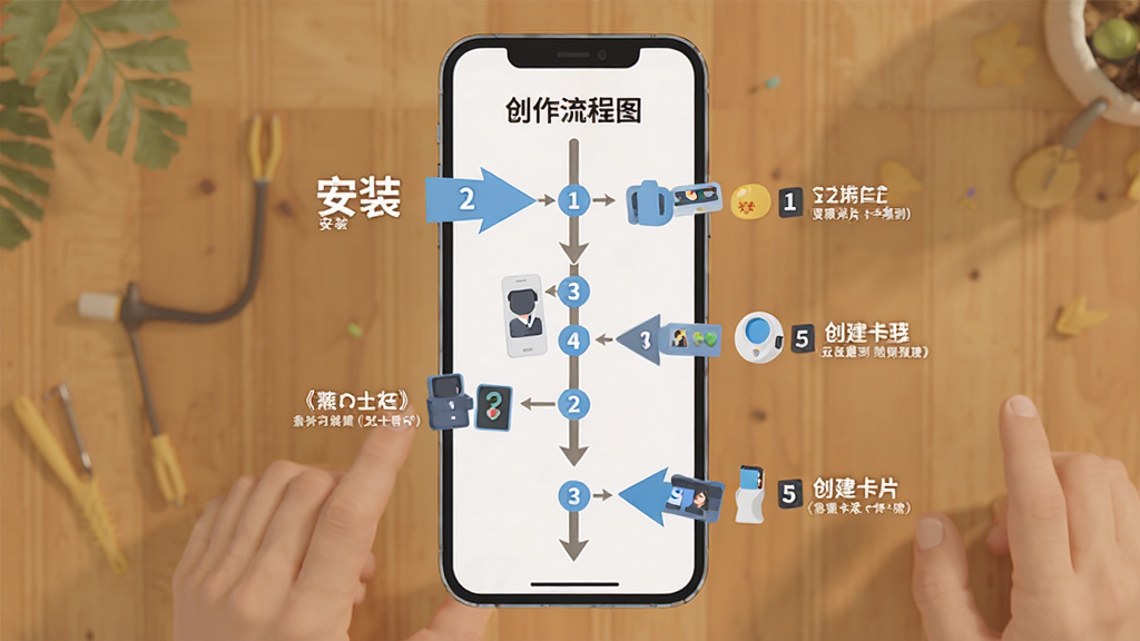 答构新手操作流程图,主体为手机屏幕展示从安装到创建卡片的步骤分解,布局为纵向时间轴,排版清晰,风格扁平化插画,细节包含箭头指引与步骤编号,画质高清,干净,无多余元素。